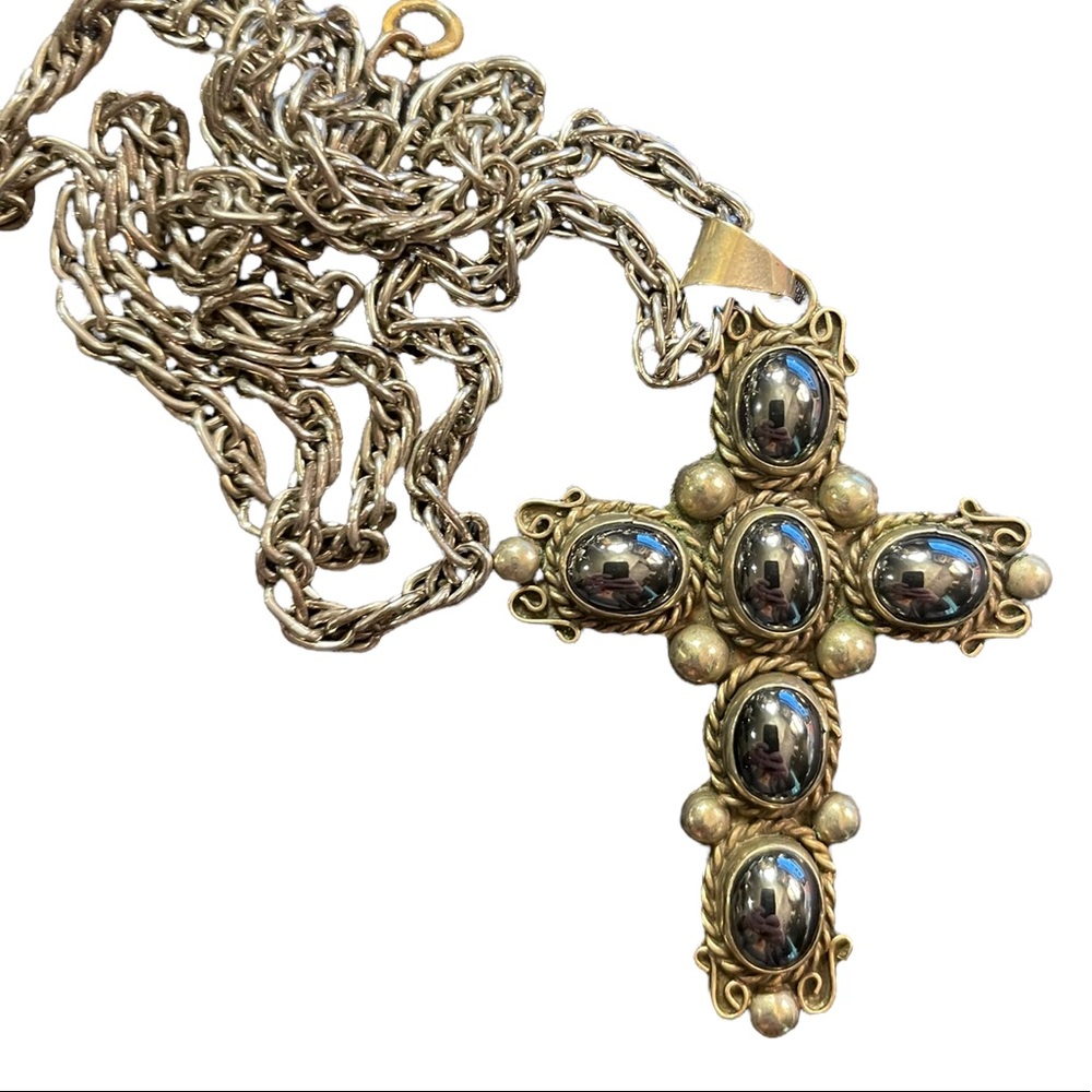 Vintage Mexico Alpaca Silver ornate hematite stone cross ornate necklace